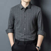 竖条纹衬衫男式含羊毛春秋季长袖商务休闲衬衣中年爸爸男装上衣