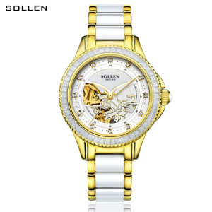 梭伦(SOLLEN)手表女陶瓷自动机械女表时尚休闲商务潮流防水镶钻真皮带生活防水手表LS402