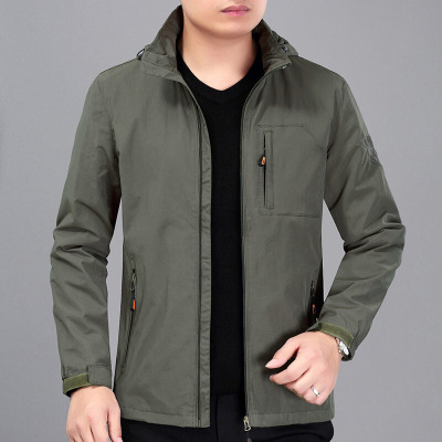 迪鲁奥(DILUAO)[品质夹克]四季款中年男士休闲外套纯色中长款大码中老年男装运动带帽夹克爸爸