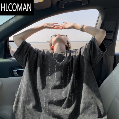 HLCOMAN夏季美式水洗做旧短袖T恤男宽松半袖字母体恤情侣打底衫潮牌