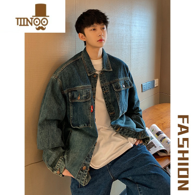 YANXU高街ins复古水洗牛仔夹克男春装加肥大码潮胖人宽松休闲工装外套