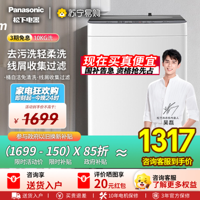 [吴磊推荐]松下洗衣机全自动波轮10公斤家用大容量节能省水抗菌除螨浸泡洗毛毯洗人工智能祛渍桶洗净 XQB100-T2F1