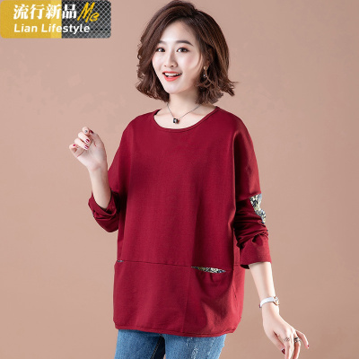 恋名媛妈妈棉T恤女大码中年春秋遮肚打底衫洋气宽松上衣无帽加绒卫衣大码女装