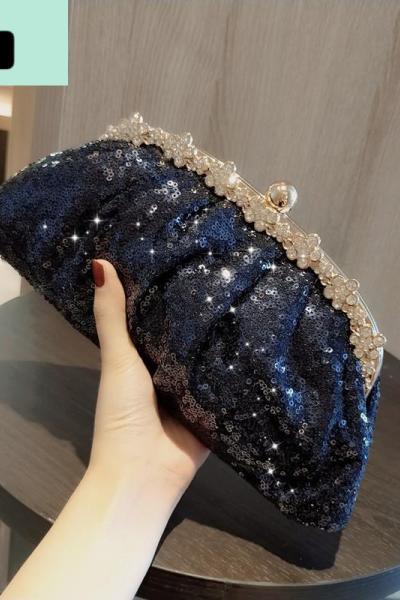 2019新款晚宴包旗袍礼服包宴会名媛年会亮片小手包手拿包女公主包NEW LAKE 蓝色珠片女手包