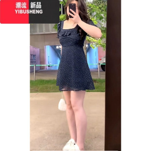 YIBUSHENG季高级感法式气质波点裙女大码微胖mm显瘦遮肉荷叶边短袖连衣裙