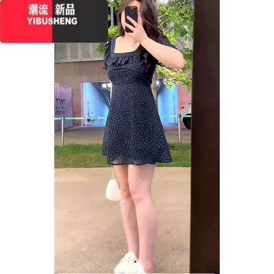 YIBUSHENG季高级感法式气质波点裙女大码微胖mm显瘦遮肉荷叶边短袖连衣裙