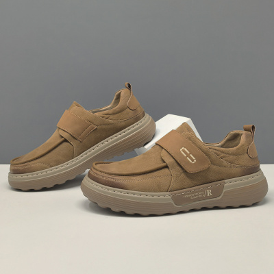 男生头层牛皮男款百搭潮鞋欧洲站真皮一脚蹬懒人鞋魔术贴休闲鞋男