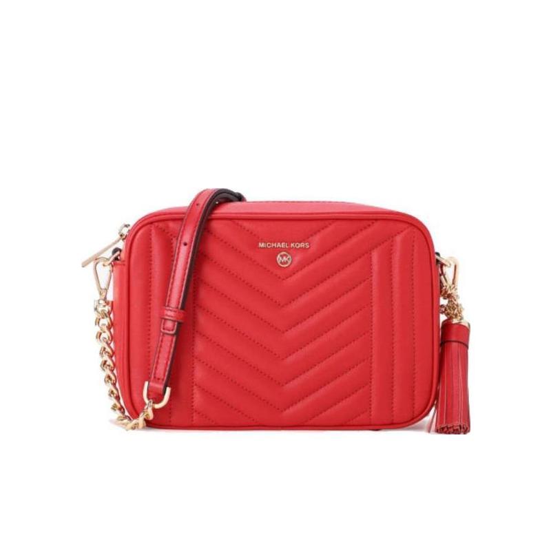 迈克·科尔斯(MICHAEL KORS)红色小羊皮单肩包金色标牌绗缝流苏挂