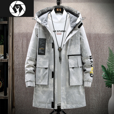 HongZun男士中长款夹克加绒加厚韩版潮流休闲风衣2020秋冬季新款工装外套风衣