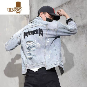 YANXU浅蓝色宽松落肩潮流男士牛仔衣外套港风复古字母刺绣休闲夹克