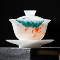 MULTIPOTENT功夫茶具三才盖碗手绘羊脂玉鱼戏荷莲盖碗白瓷泡茶碗精美伴手礼盒