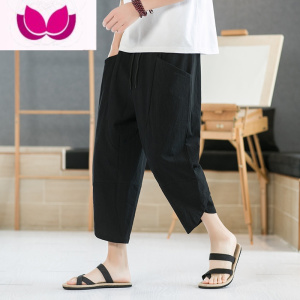 七斓男士七分裤夏季薄款亚麻短裤男休闲马裤大码宽松男裤子棉麻沙滩裤