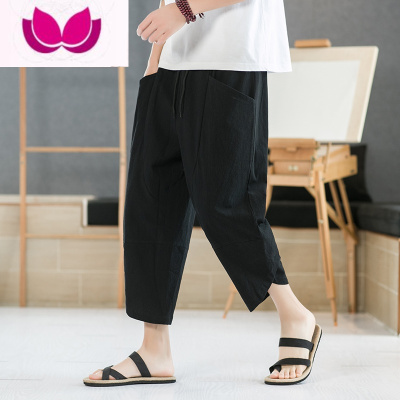 七斓男士七分裤夏季薄款亚麻短裤男休闲马裤大码宽松男裤子棉麻沙滩裤