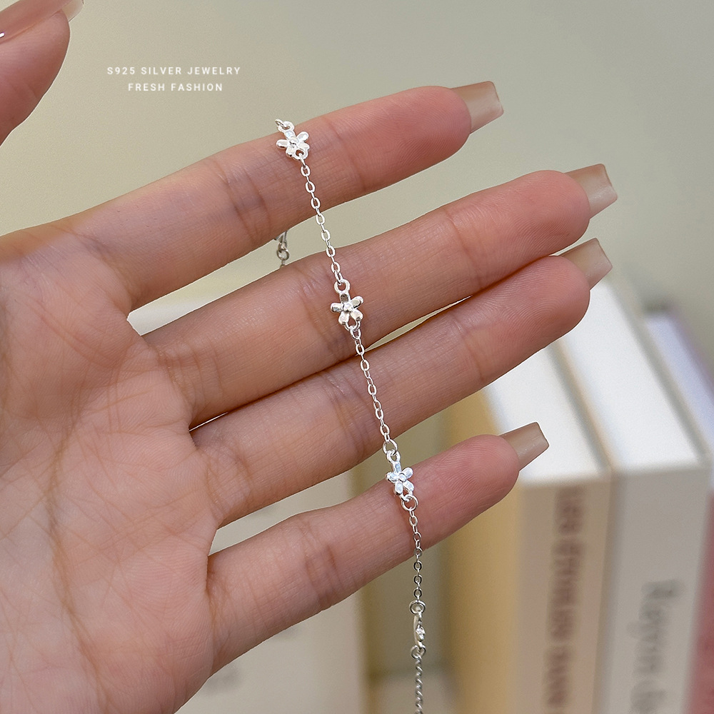 s925纯银小花手链女森系甜美小清新韩版时尚简约百搭花朵手饰批发