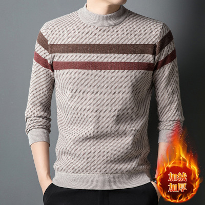 男装秋冬季打底针织衫半高领加厚保暖中年休闲毛衣加绒条纹上衣