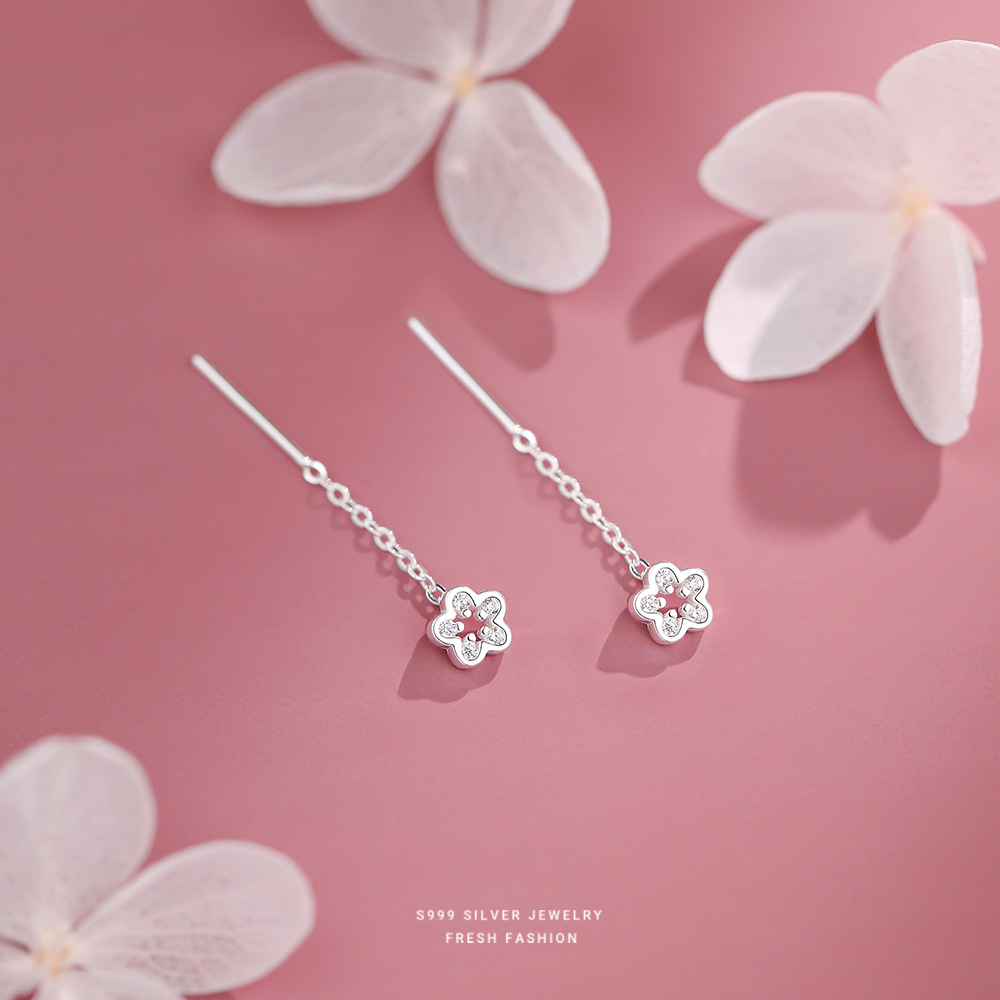 S999纯银简约百搭镂空闪钻花朵耳线女轻奢气质小众设计感耳钉送女朋友老婆情人节七夕生日礼物