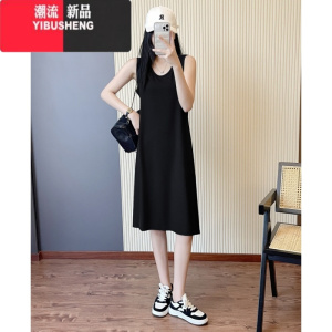 YIBUSHENG天高级感整套穿搭软牛仔短袖外套搭配黑色遮肚内搭背心连衣裙女