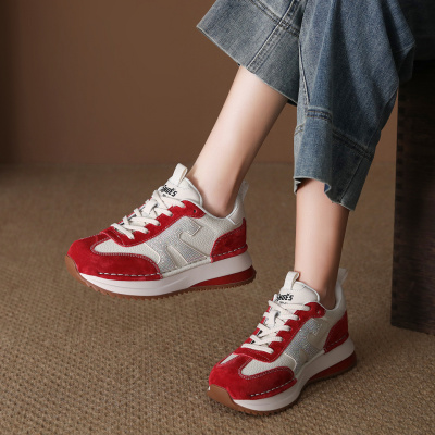 真皮单鞋女2026春季新款松糕底底拼接圆头系带百搭舒适休闲运动鞋_959