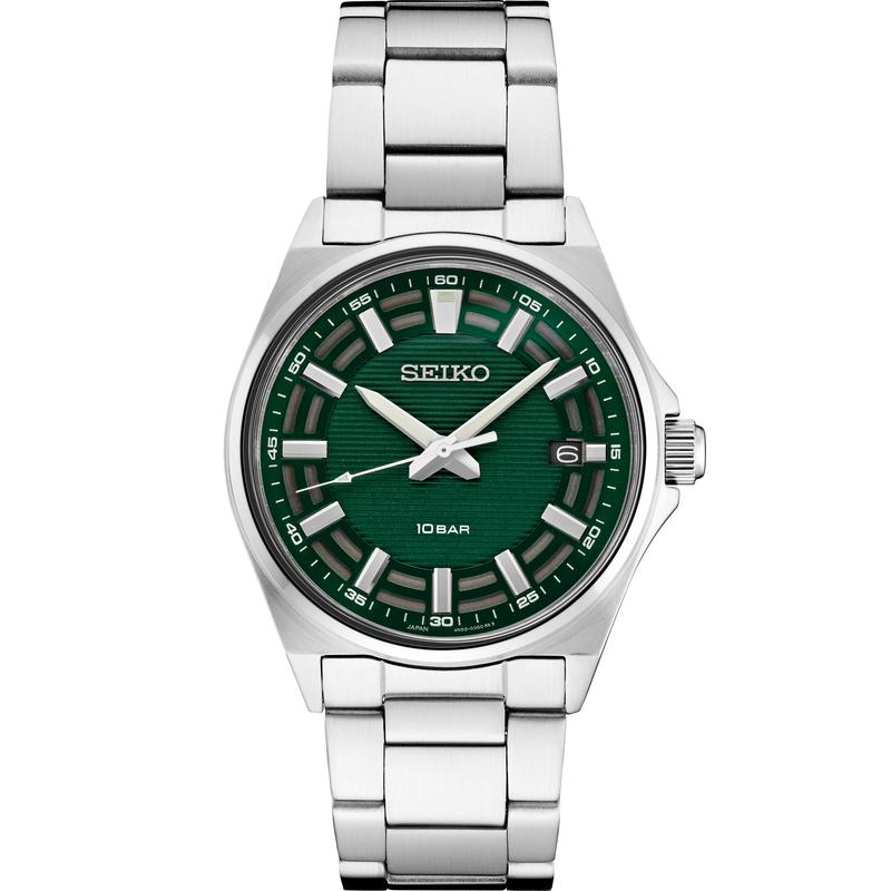 SEIKO/精工 Essentials系列男士手表 银色不锈钢绿色水鬼商务休闲男表 腕表