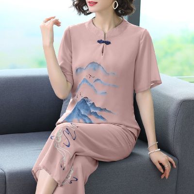 夏装新款刺绣套装妈妈中老年女装民族风休闲套装衫伊格(shanyige)