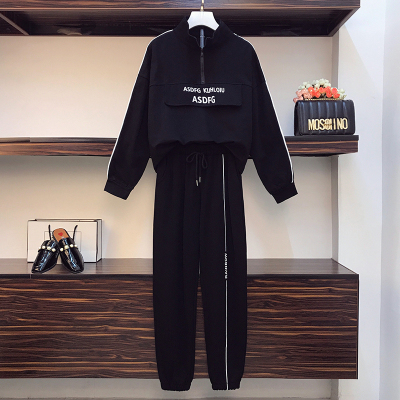 广赫大码女装胖妹妹显瘦减龄时尚立领印花卫衣休闲运动长裤子两件套装套装