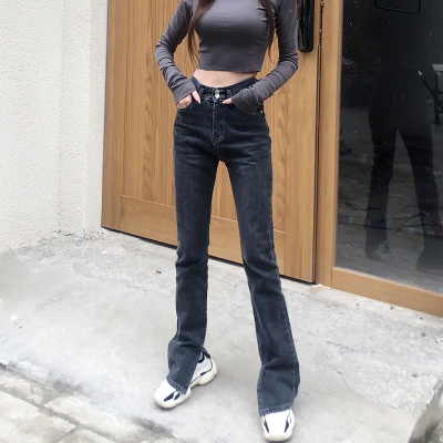 暖青汇露晓卡下摆开叉高腰直筒牛仔裤女2020新款欧美显瘦微喇裤拖地长裤牛仔裤