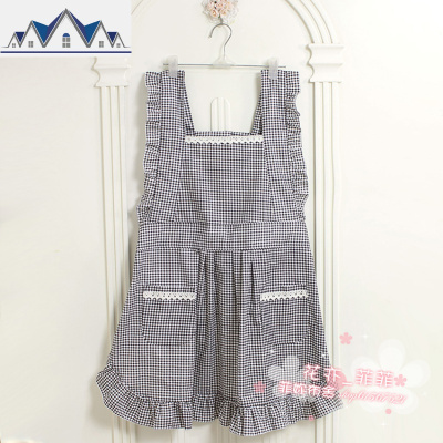 韩版时尚围裙棉黑色格子可爱花边田园无袖家居成人厨房围裙 三维工匠