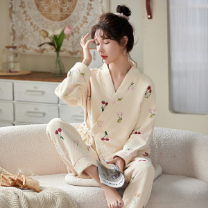 秋冬季女士睡衣月子服哺乳套装夹棉长袖和服保暖空气棉开衫家居服