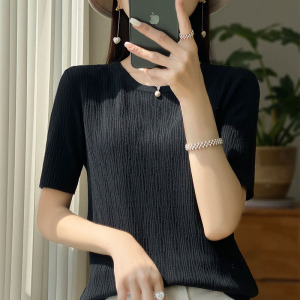 短袖T恤女曲珠冰丝针织衫夏季薄款气质洋气宽松显瘦上衣女装