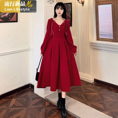 恋名媛大码胖妹妹法式复古红色连衣裙女秋冬收腰显瘦气质内搭赫本风长裙大码女装