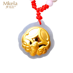 梦克拉 Mkela 金镶玉吊坠蝙蝠铜钱吊坠 3D硬金 黄金镶和田玉圆形玉坠 福运 玉石吊坠 冰糯种 如图