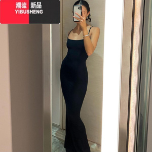 YIBUSHENG欧美ins时尚纯色高级感吊带连衣裙卡戴珊同款修身包臀拖地长裙