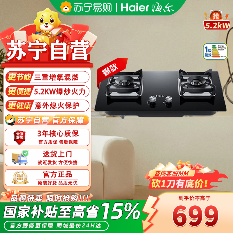 海尔一级能效双眼燃气灶JZT-Q2BE5 5.2kW大火力精准控火安全防爆钢化玻璃面板嵌入式设计