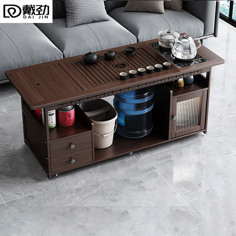 锦北 移动茶台家用竹木小茶桌烧水壶一体简约现代功夫茶几120长茶字面玻璃电器+黑陶茶具