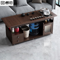 锦北 移动茶台家用竹木小茶桌烧水壶一体简约现代功夫茶几120长茶字面玻璃电器+黑陶茶具