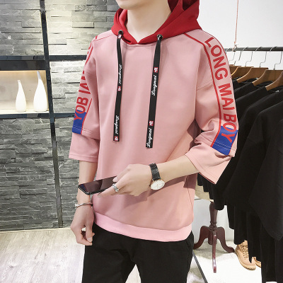 狮臣SHICHEN2020年春季新款卫衣男潮流连帽套头卫衣男运动上衣修身休闲男七分袖卫衣男WY360浅红M