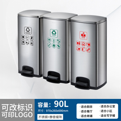 定制户外不锈钢分类脚踏垃圾桶收纳方形大容量带盖商用写字楼批发 花色 三分类90L