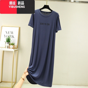 YIBUSHENG春季长款过膝连衣裙女莫代尔长裙圆领大码薄款短袖印花打底裙潮