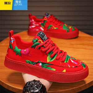 聚范帆布男鞋夏季透气小众设计休闲板鞋厚底东北红色大花运动布鞋
