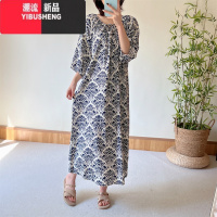 YIBUSHENG大裙摆棉绸连衣裙季时尚气质大码宽松显瘦遮肉印花人造棉系绳裙
