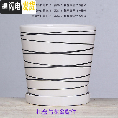 三维工匠白色欧式花盆陶瓷特大中三号绿植盆栽创意简约花盆带托盘 T-GJ300-7打线 大花盆容器