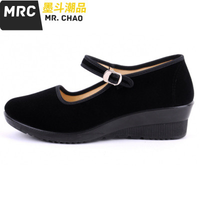 布鞋坡跟中跟女士酒店工作黑布鞋妈妈婆婆广场舞单鞋34码40墨斗潮品休闲鞋