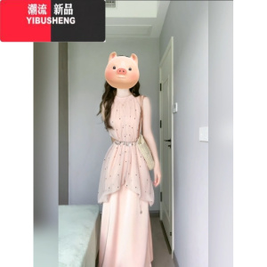 YIBUSHENGXZY/ 胖mm法式纯欲温柔露肩挂脖连衣裙女网纱波点仙女裙