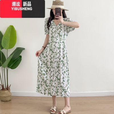 YIBUSHENG碎花棉绸连衣裙女2024年季V领收腰显瘦大摆裙人造棉外穿沙滩裙