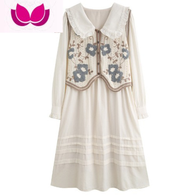 七斓早春季2023年新款针织马甲复古连衣裙女套装娃娃领长裙子甜美