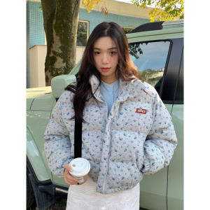 年新款韩系小碎花满印立领短款棉服女冬季加厚保暖面包服外套