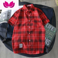 七斓夏季短袖衬衫男学生韩版宽松格子衬衣男休闲男士衬衣修身ins外套