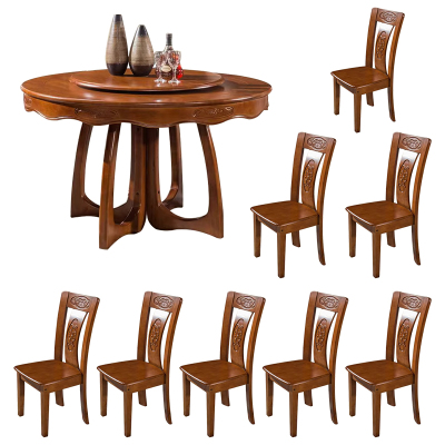 臻远 ZY5110215 实木餐桌圆盘餐桌椅组合1.5米圆桌8把餐椅