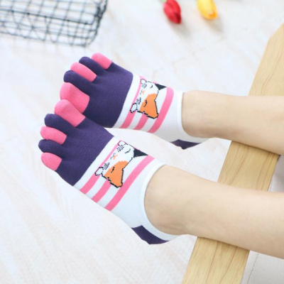 SUNTEK五指小猫夏天袜棉半隐形浅口可爱女袜薄短船袜五趾袜条纹袜子