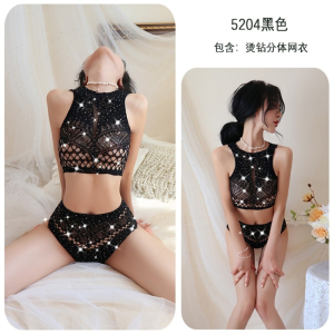 长夜漫漫情趣内衣性感诱惑两件套连身袜欧美网袜制服诱惑网衣5204 黑色烫钻款 精装(80-140斤)